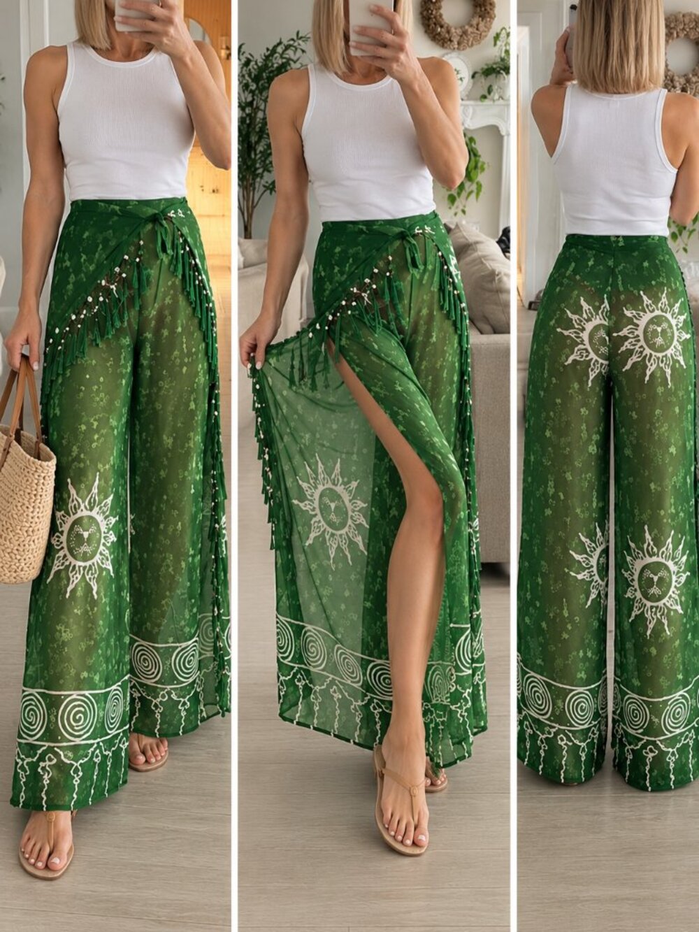 Green Boho Wrap-Around Beach Pants / Cover-Up – Adjustable Fit